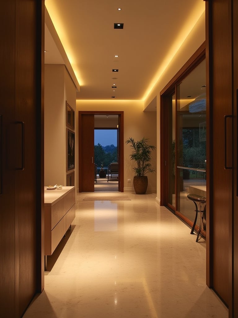A cozy living room with motion sensor pathway lighting illuminating the entrance and seating area.