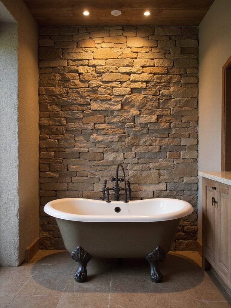 Rustic bathroom with natural stone accents featuring a slate tile wall and clawfoot tub.