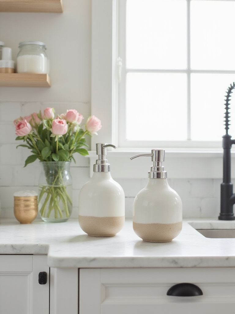 Elegant kitchen countertop with premium soap dispensers in a stylish setting.