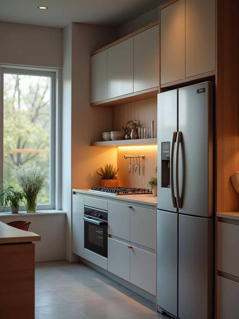 Modern kitchen with integrated smart home technology featuring smart appliances and warm lighting.