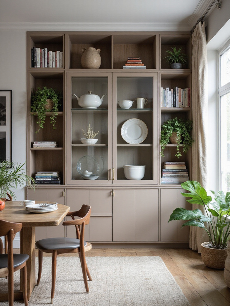 Elegant dining room with stylish storage solutions including a sideboard and built-in shelving.