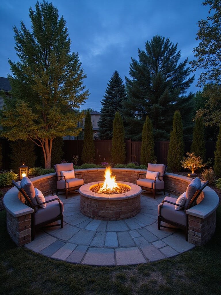 A cozy backyard fire pit surrounded by stone seating and lush plants at twilight