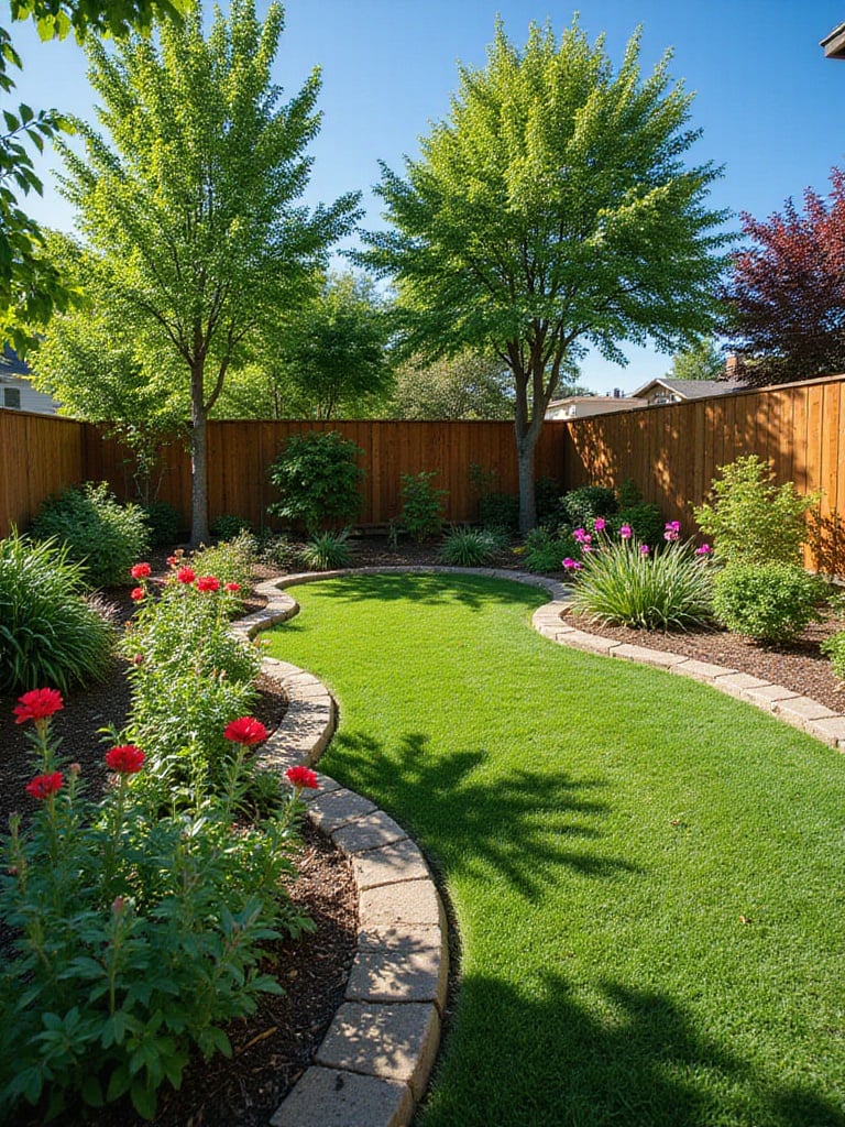 A landscaped backyard with plants grouped by water and sun needs, showcasing vibrant colors and organized zones.