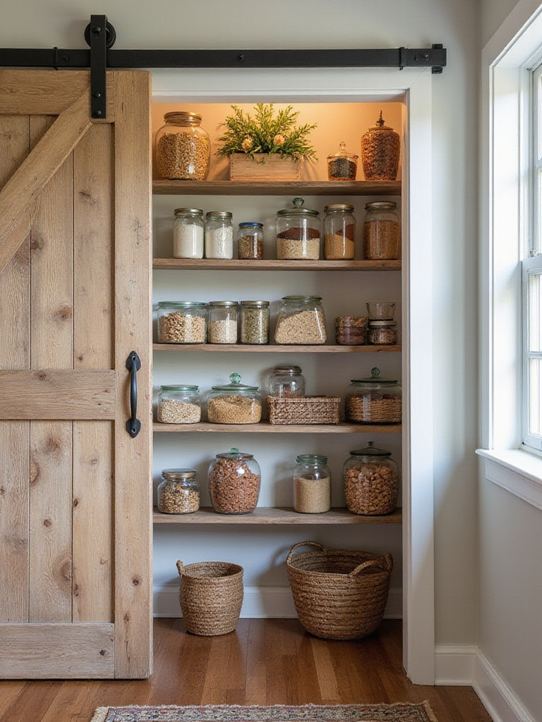 A beautifully organized walk-in pantry in a rustic farmhouse kitchen with wood shelving and jars.