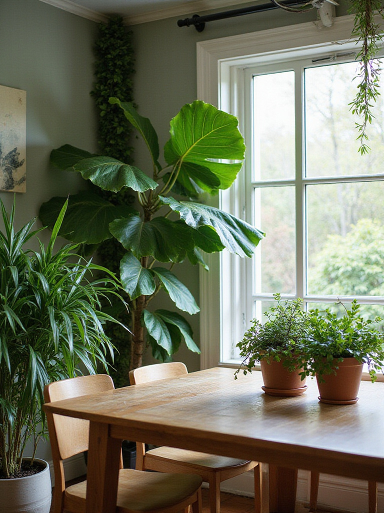Dining room with lush greenery including a Fiddle Leaf Fig and smaller potted plants on the dining table.