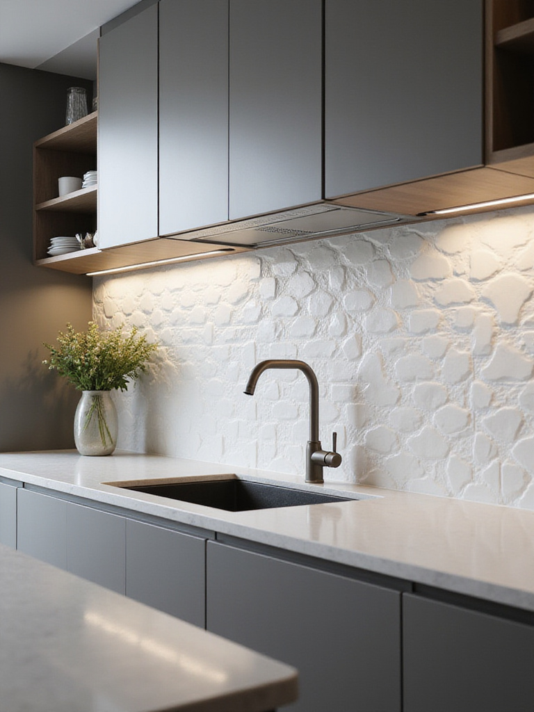 Modern kitchen with textured backsplash of 3D geometric tiles