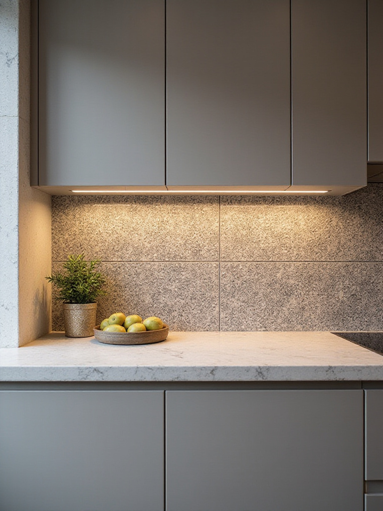 Modern kitchen with intricate patterned tile backsplash
