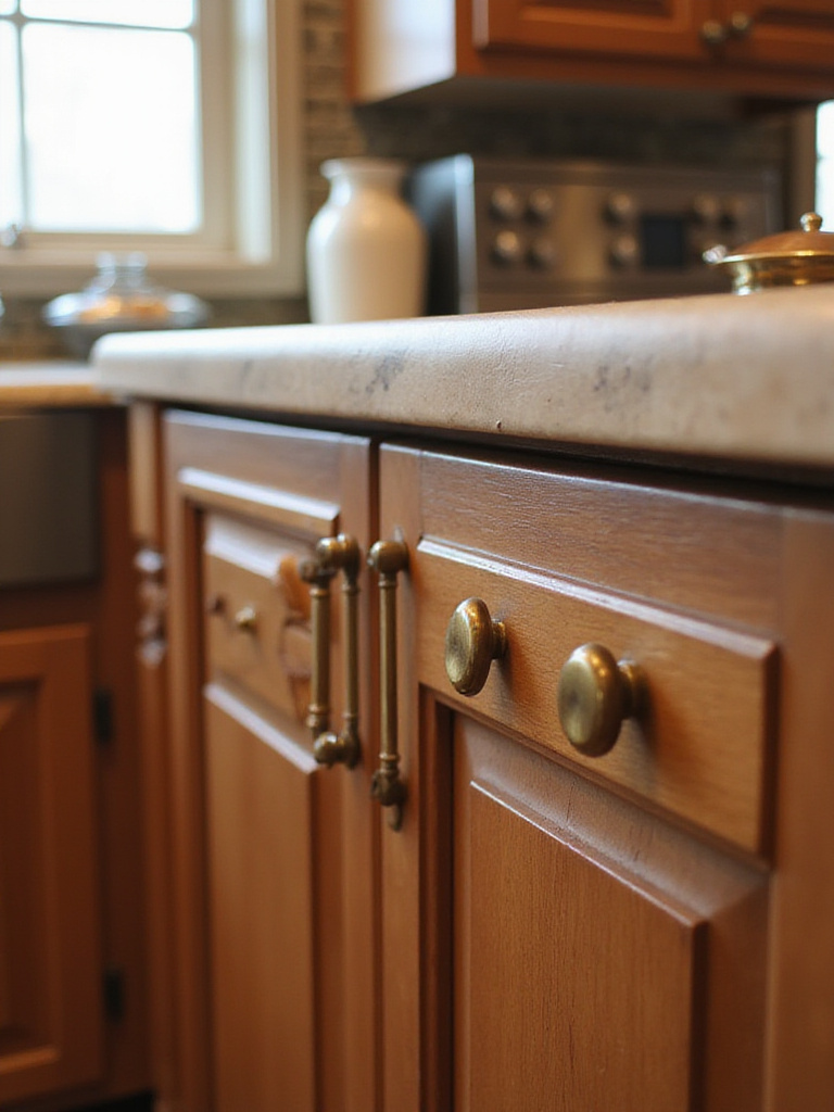 Professional kitchen cabinet with durable hardware materials, including brass knobs and stainless steel pulls.