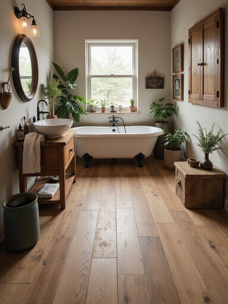 Rustic bathroom featuring durable wood-look tile flooring with natural light and decorative elements.