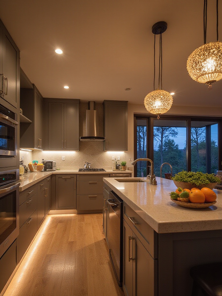 Modern kitchen with layered lighting for task and ambient glow.