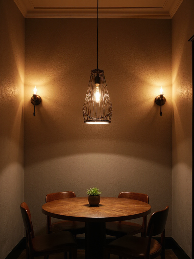 Small dining room with layered lighting showcasing warmth and depth