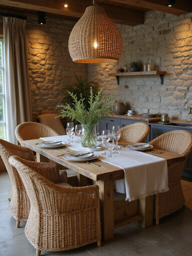 Rustic dining room showcasing layered natural textures with wood, stone, and textiles.