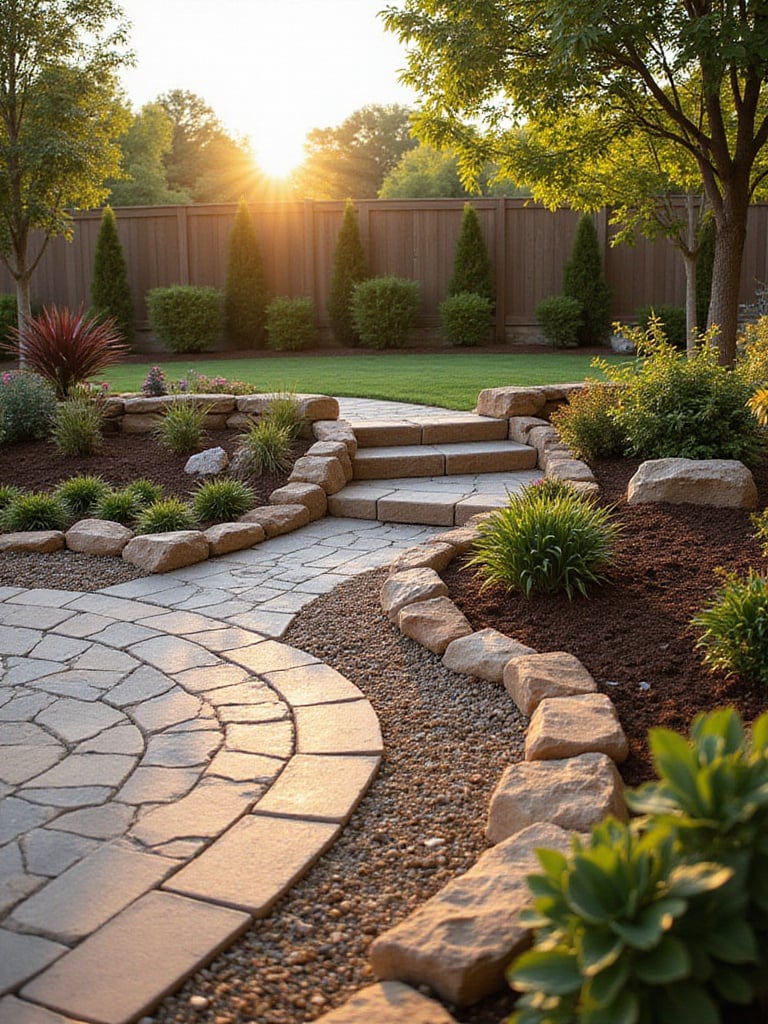 A beautifully landscaped backyard showcasing various materials in a well-organized design.