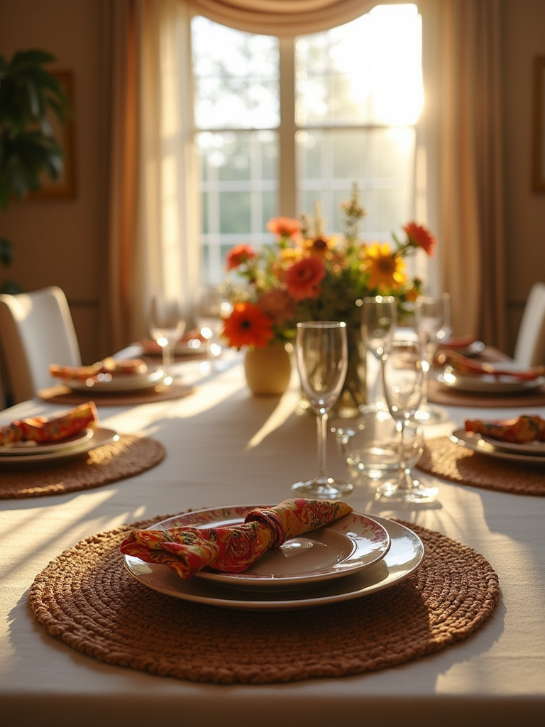 Elegant dining room with layered textiles and linens
