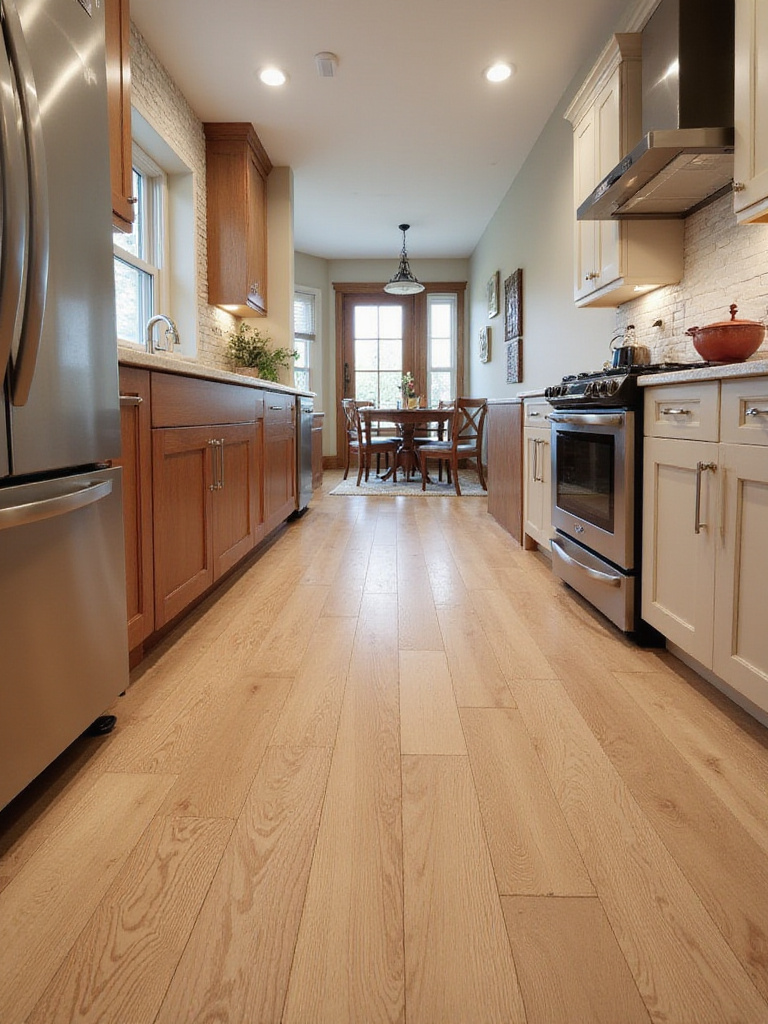 Luxurious kitchen showcasing wood-look Luxury Vinyl Tile (LVT) flooring