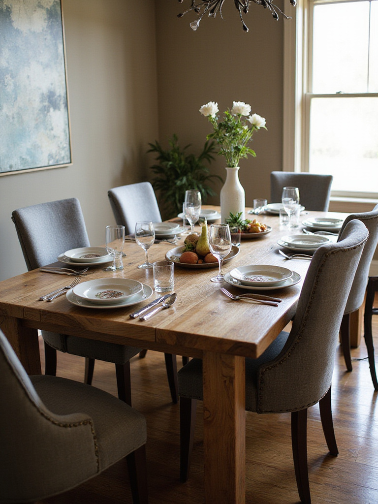 Rustic dining room featuring a solid reclaimed oak dining table with upholstered chairs, emphasizing durability.