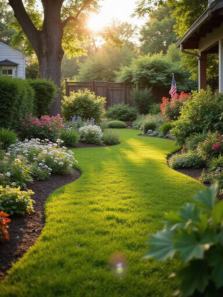 A well-maintained backyard with colorful flowers and a lush lawn under soft natural lighting.