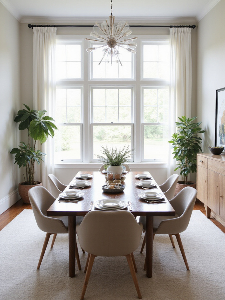 Pristine dining room with a polished table and minimalistic decor, showcasing cleanliness and organization.