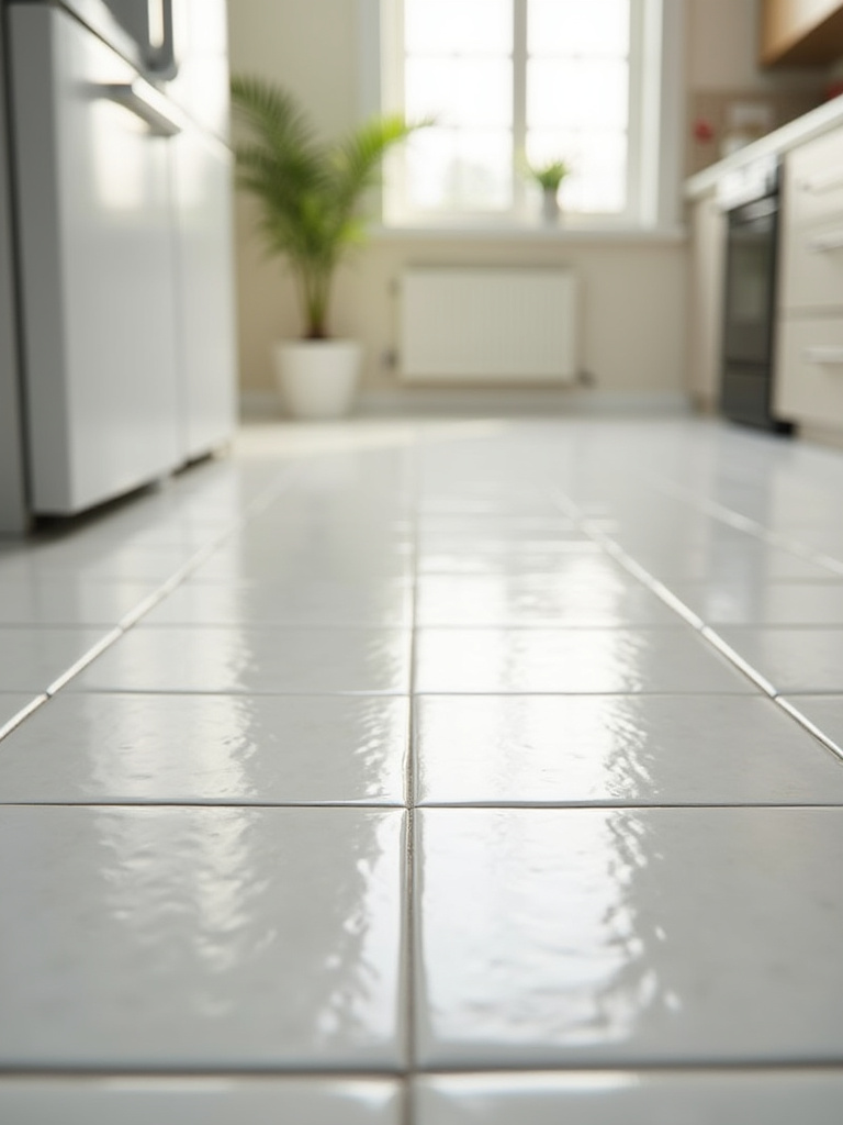 Shiny kitchen floor tiles reflecting light, showcasing cleanliness and maintenance.