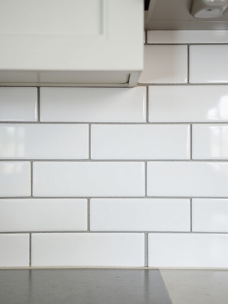 Modern kitchen with white tiles and dark grout lines