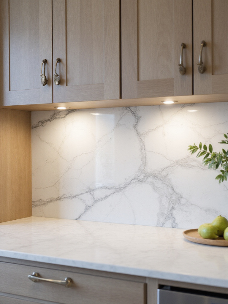 Modern kitchen with full-height Calacatta marble backsplash showcasing unique veining.