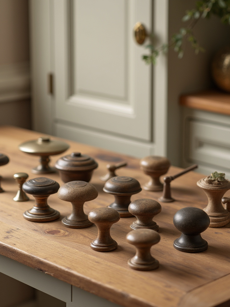 A selection of kitchen cabinet knobs and pulls of varying sizes on a wooden surface.