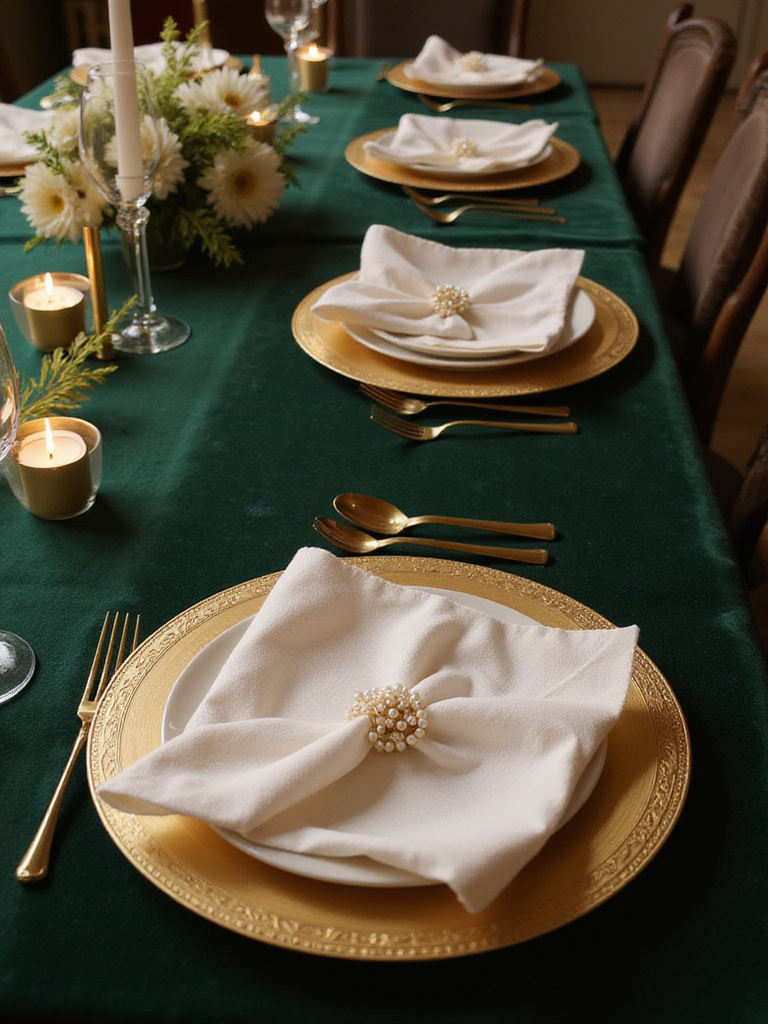 Elegant dining table setting with velvet tablecloth and floral centerpiece