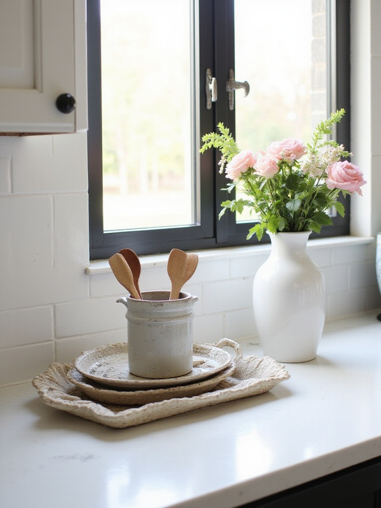 A beautifully arranged kitchen countertop featuring layered objects of varying heights.