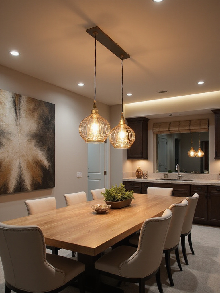Contemporary dining room with layered lighting showcasing a chandelier and pendant lights
