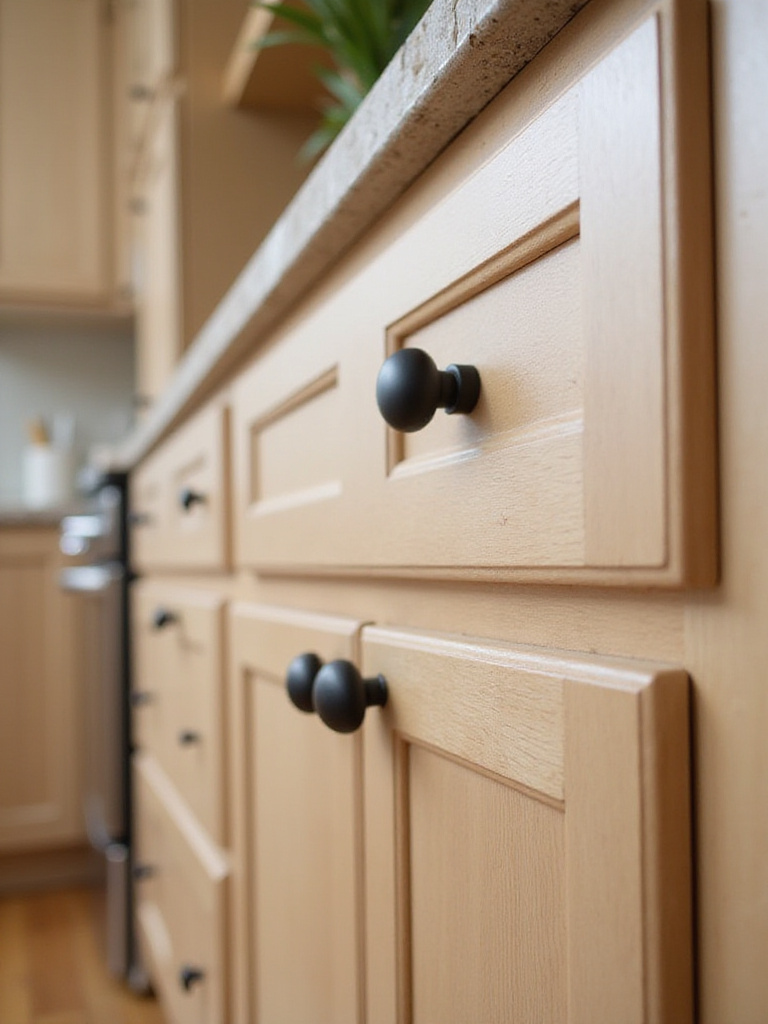 Elegant kitchen cabinet with new matte black hardware installed