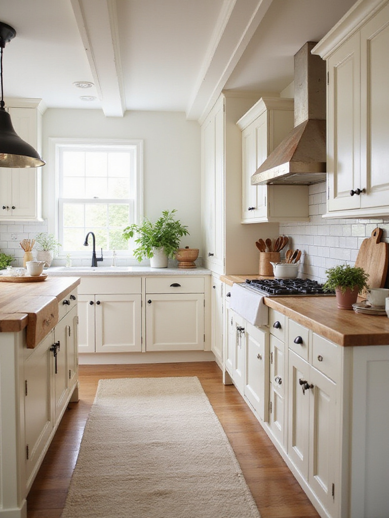 Farmhouse kitchen with warm white walls and natural wood accents
