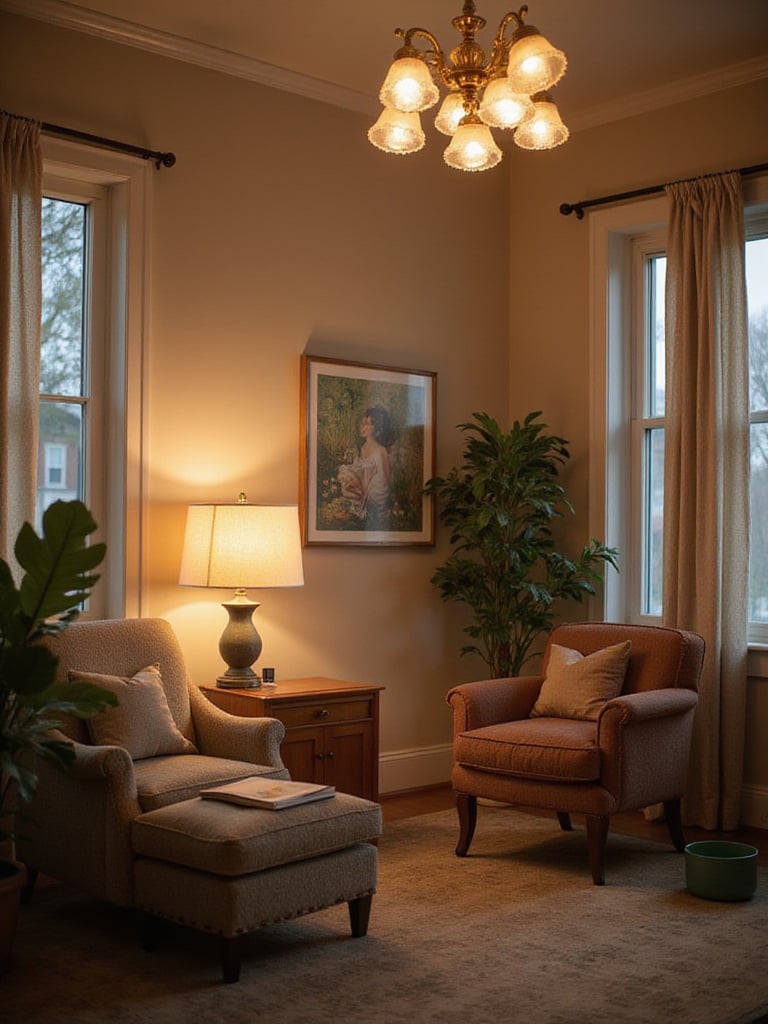 A beautifully lit living room showcasing ambient, task, and accent lighting