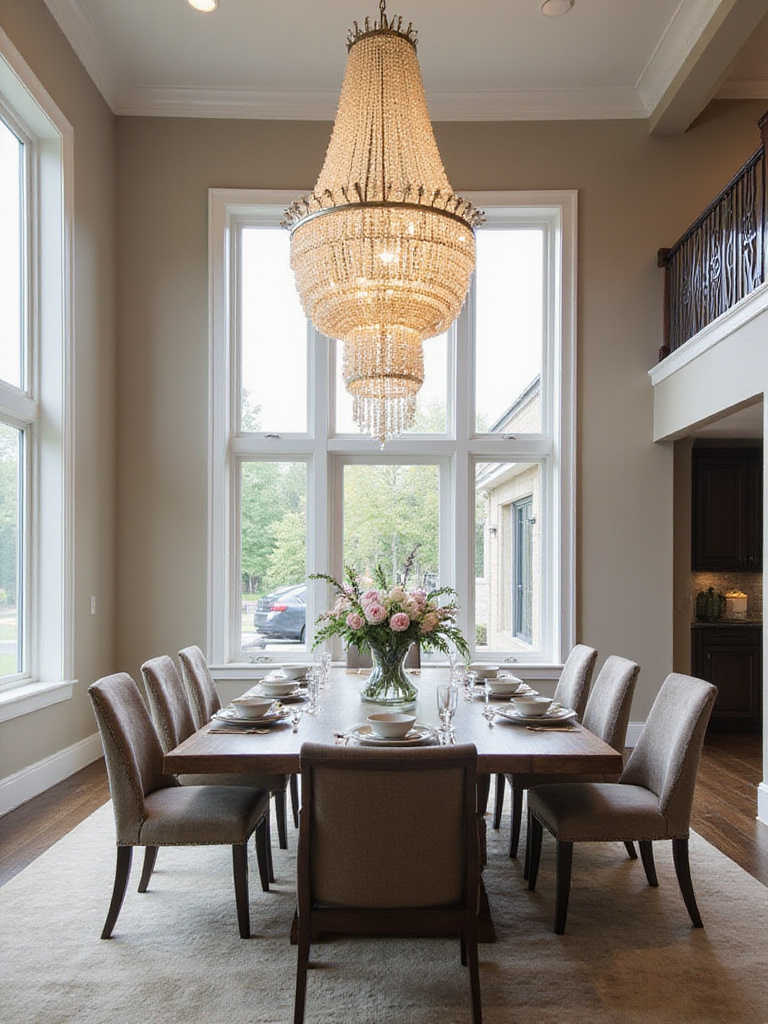 Contemporary dining room with a large chandelier perfectly scaled to the space.