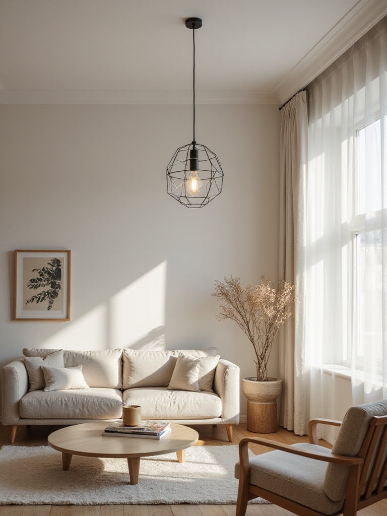 Living room with modern geometric pendant light matching minimalist Scandinavian decor.
