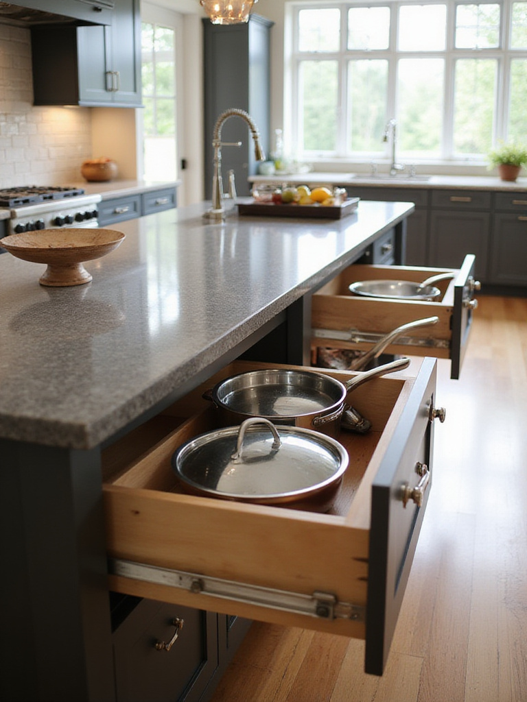 Modern kitchen island with deep drawers for cookware