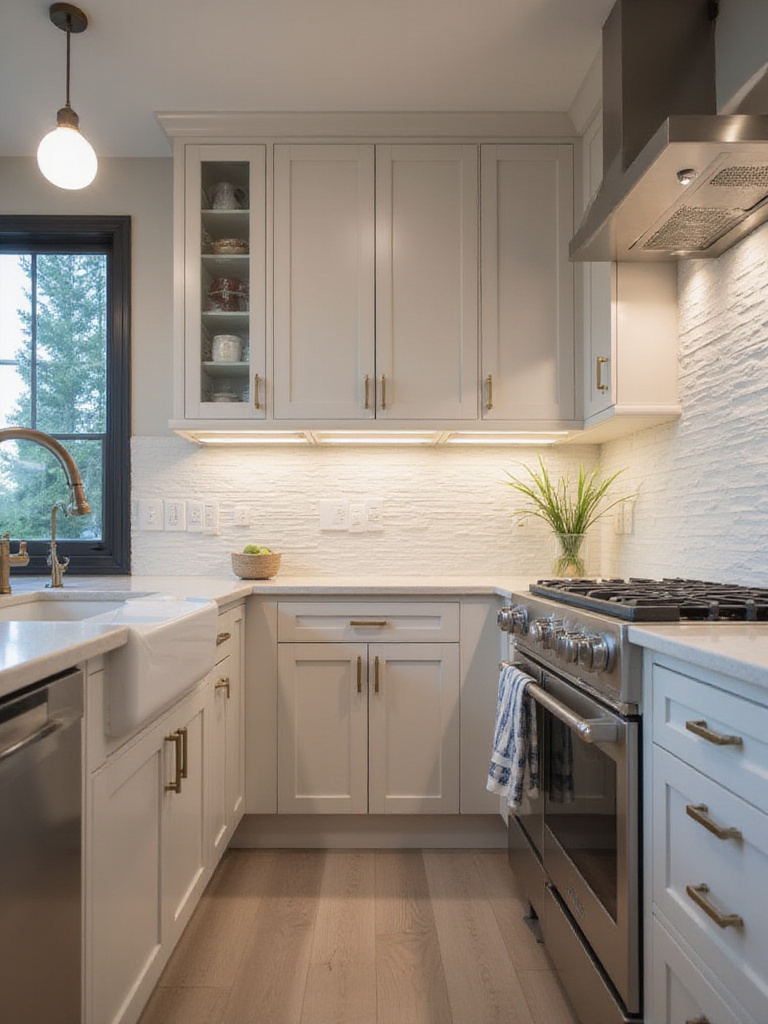 Modern kitchen with seamless backsplash integration from countertop to ceiling