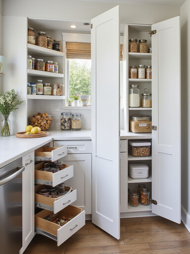 Modern kitchen pantry with smart storage solutions and organized containers.