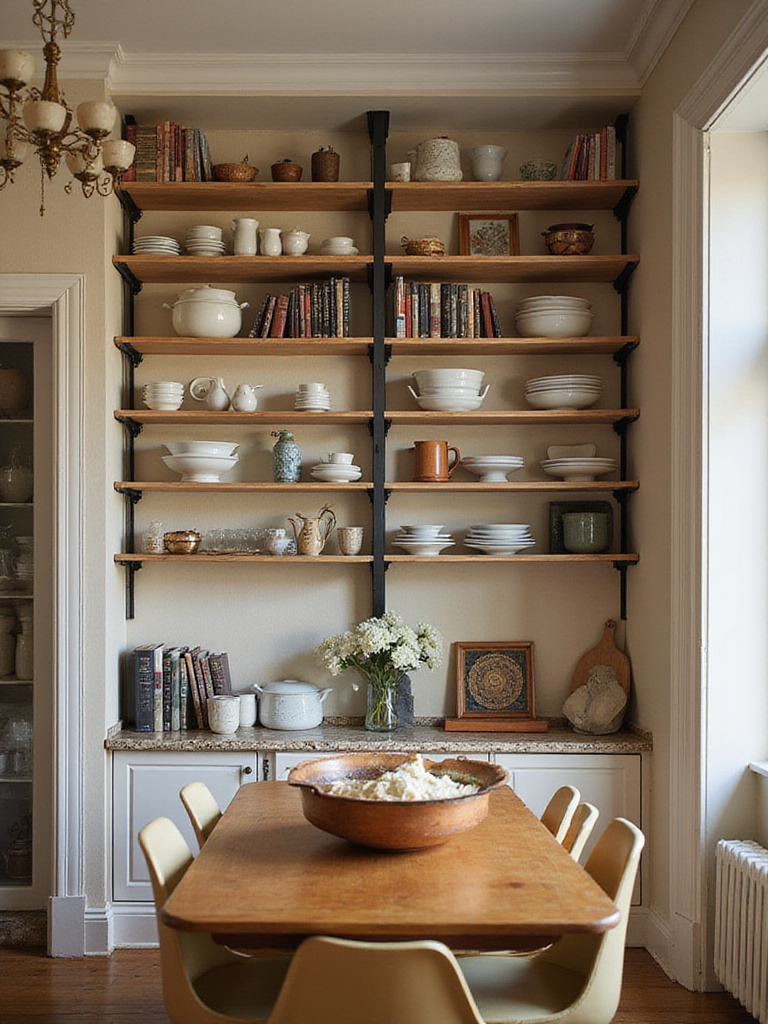 Small dining room with tall shelves showcasing dishware and decor, emphasizing vertical space utilization.