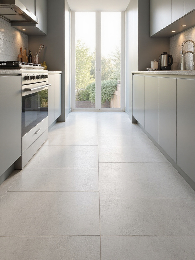 Modern kitchen with large format floor tiles minimizing grout lines