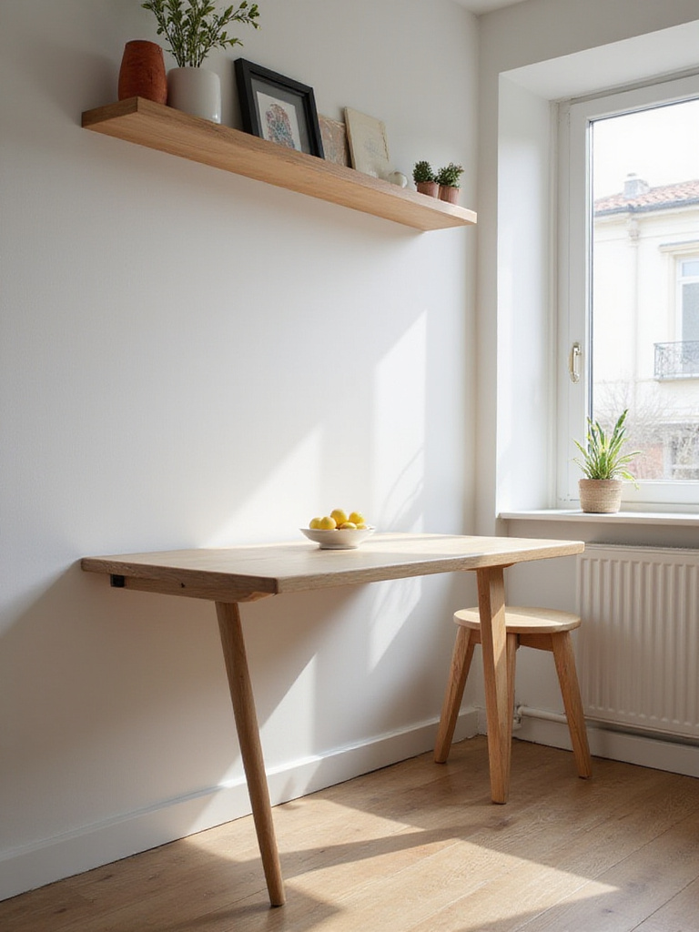 A wall-mounted fold-down table in a small dining room, beautifully arranged with light decor.