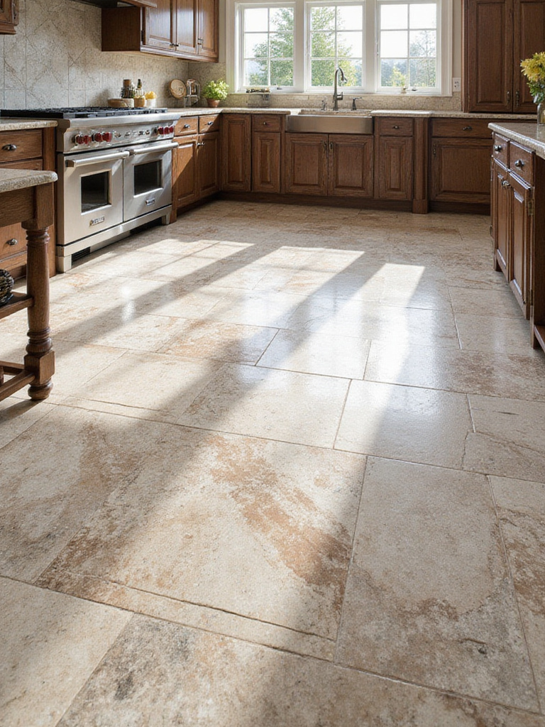 Luxurious kitchen floor featuring natural stone tiles with unique patterns and veining.