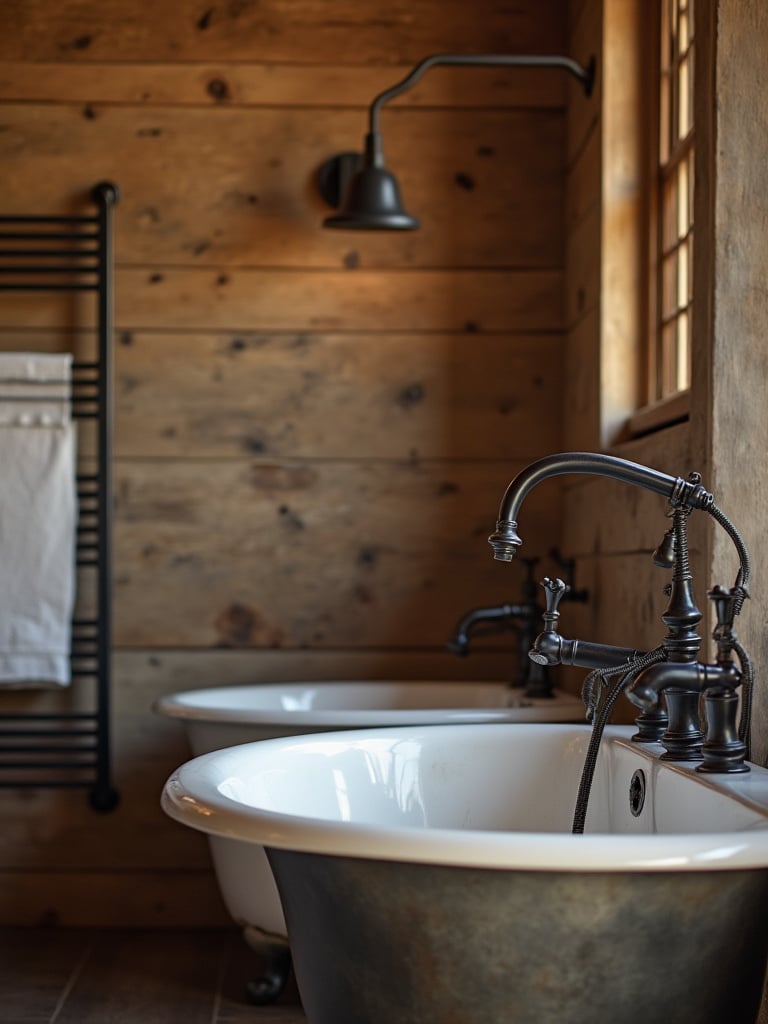 Rustic bathroom with distressed bronze and black metal fixtures