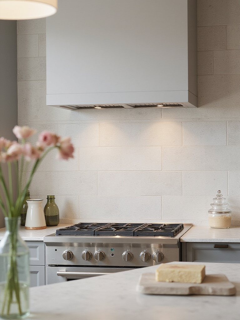 Modern kitchen with large-format tile backsplash extending from countertop to ceiling