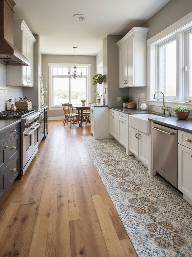 Farmhouse kitchen showcasing resilient flooring options: wide plank wood and patterned tile.