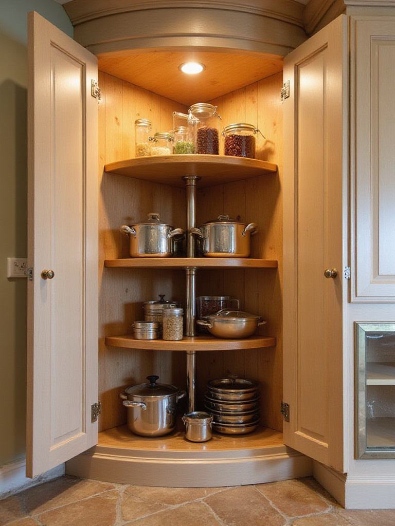 Organized corner cabinet with Lazy Susan for optimal kitchen accessibility