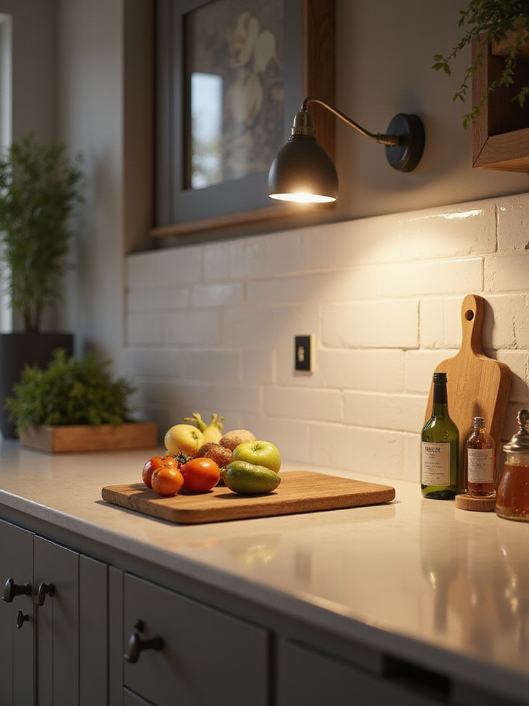 A modern kitchen countertop illuminated by stylish task lighting.