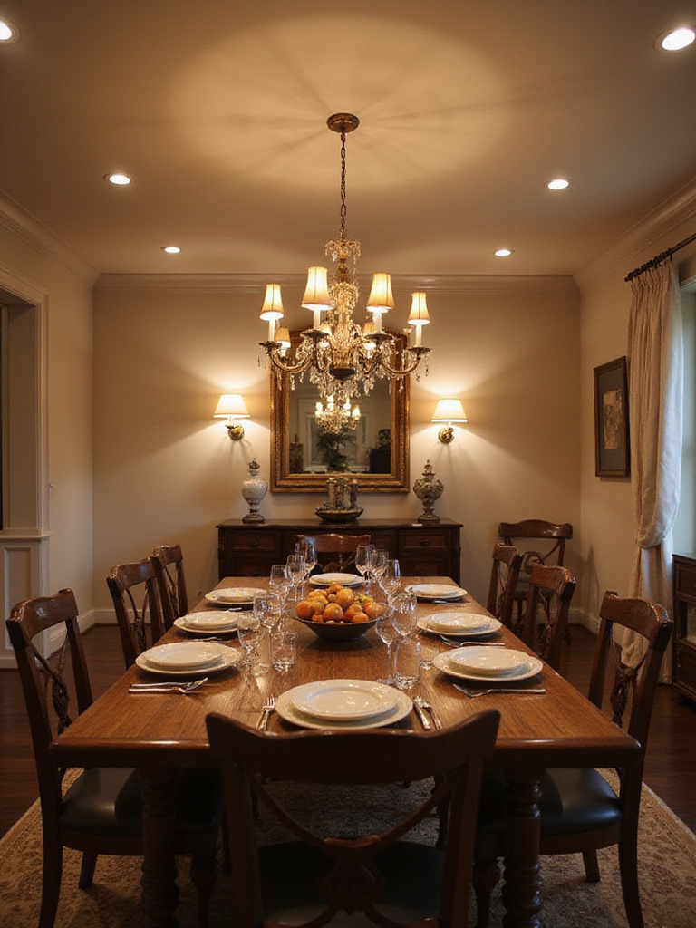 Elegant dining room showcasing optimized lighting layers for ambiance and functionality.