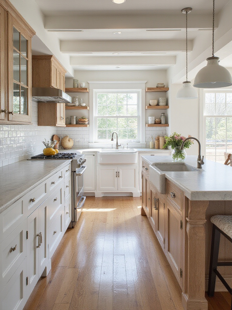 Optimized farmhouse kitchen layout with central island and open shelving
