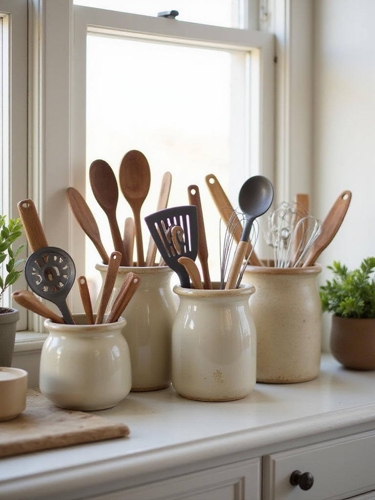 Kitchen countertop with decorative crocks filled with cooking utensils, showcasing stylish organization.