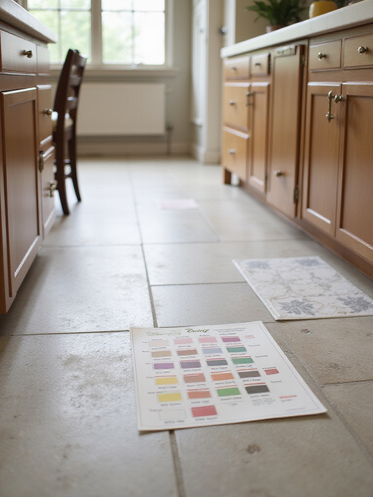 Kitchen floor tiles with PEI ratings displayed, showcasing durability for high traffic.